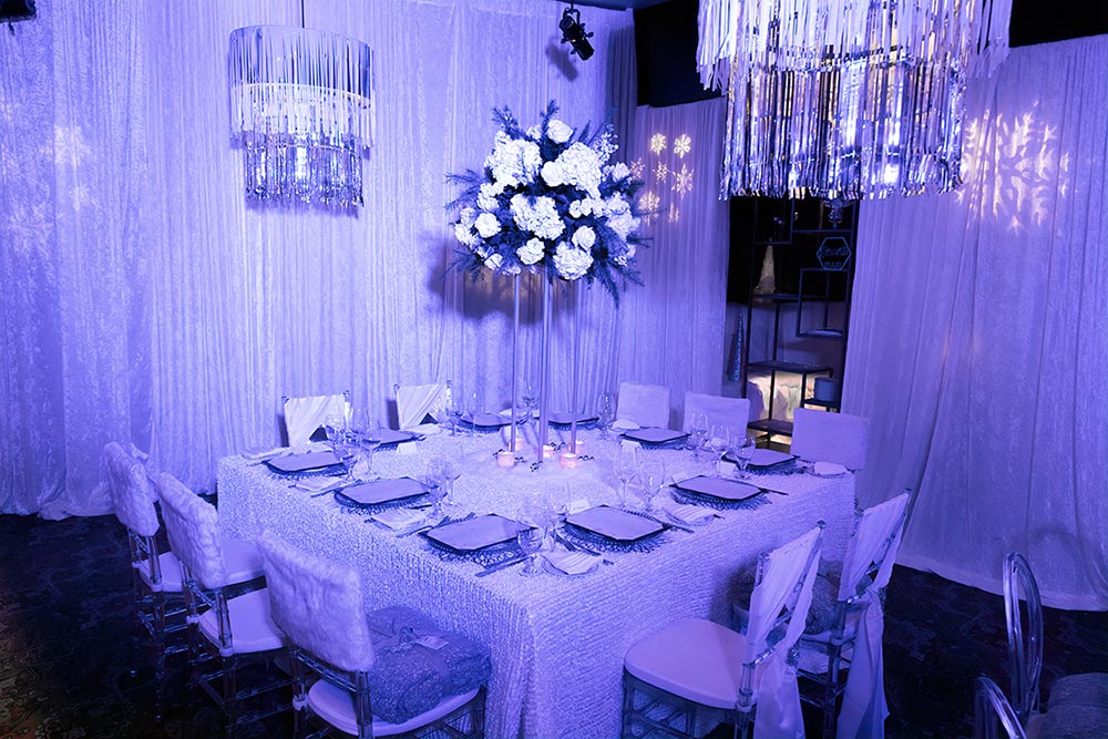 Dining room décor included snowflake gobo lights