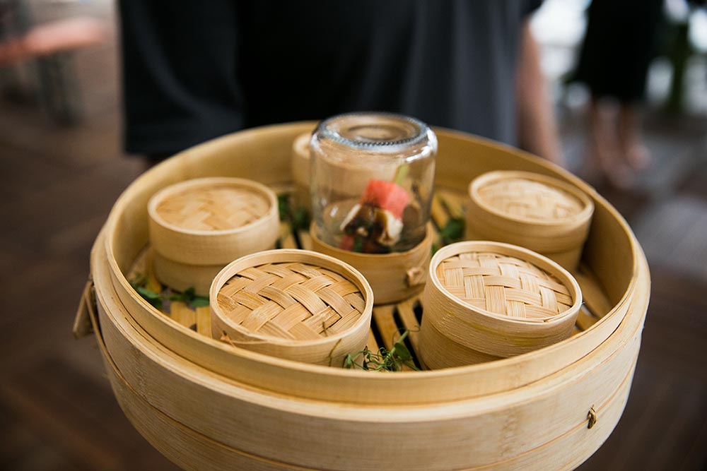 Proof of the Pudding uses mini bamboo steamer baskets to keep individual servings of appetizers hot and safe.