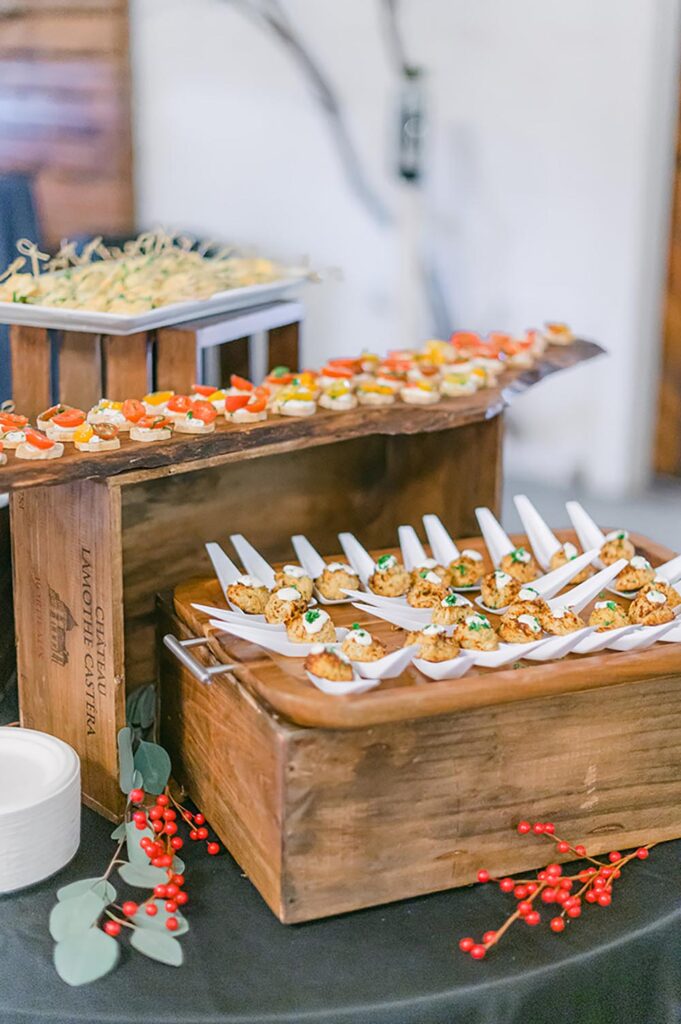 For in-person events, Roots Catering is serving appetizers in an array of disposable vessels.