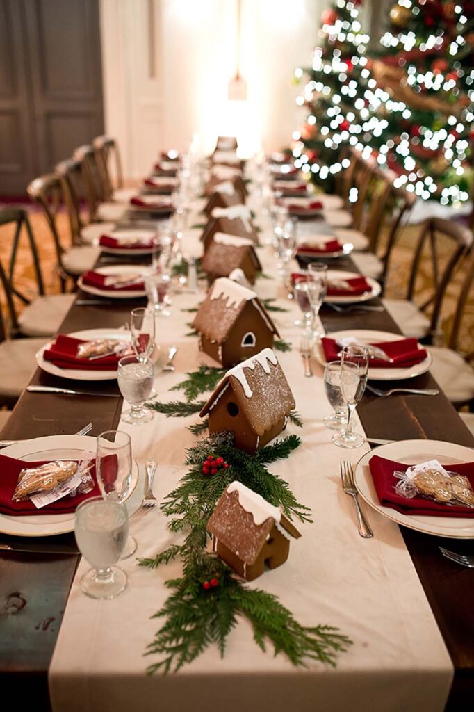 Common seasonal items such as gingerbread houses help create a festive table, says Bridal Bliss/Rock Paper Coin’s Sheils. Photo by Mosca Studio