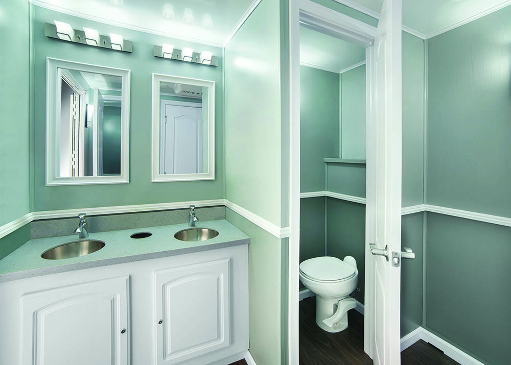 National Construction Rentals’ restroom trailers feature well-lit interiors and upscale touches.
