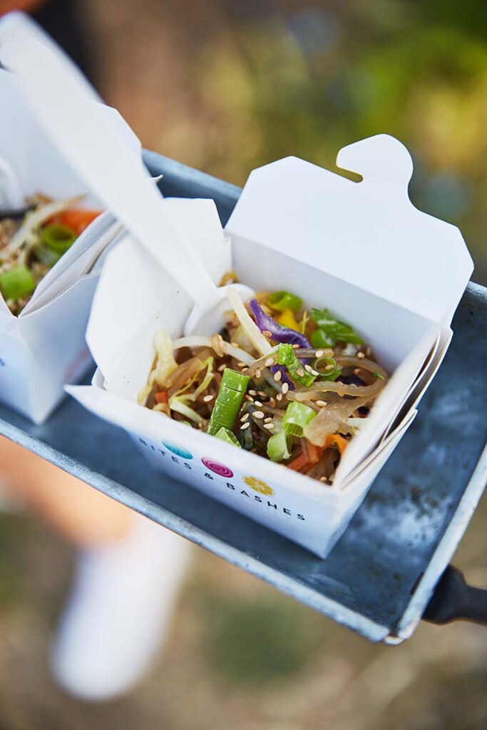 Chef Julie has transformed her own favorite childhood dish into Bites & Bashes’ signature glass noodle to-go boxes.