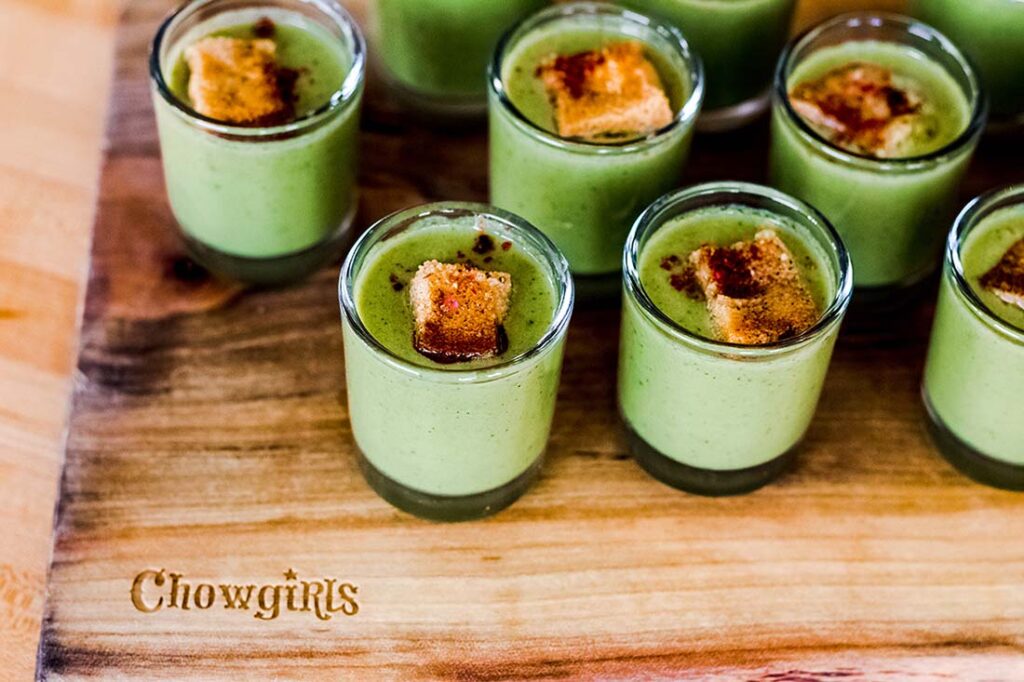 Chowgirls Catering’s Ottolenghi Green Gazpacho Shot, inspired by London’s famed Ottolenghi restaurant, is a creamy green gazpacho with cucumber, spinach, walnuts, basil and other surprises. Photo by Emily Winters