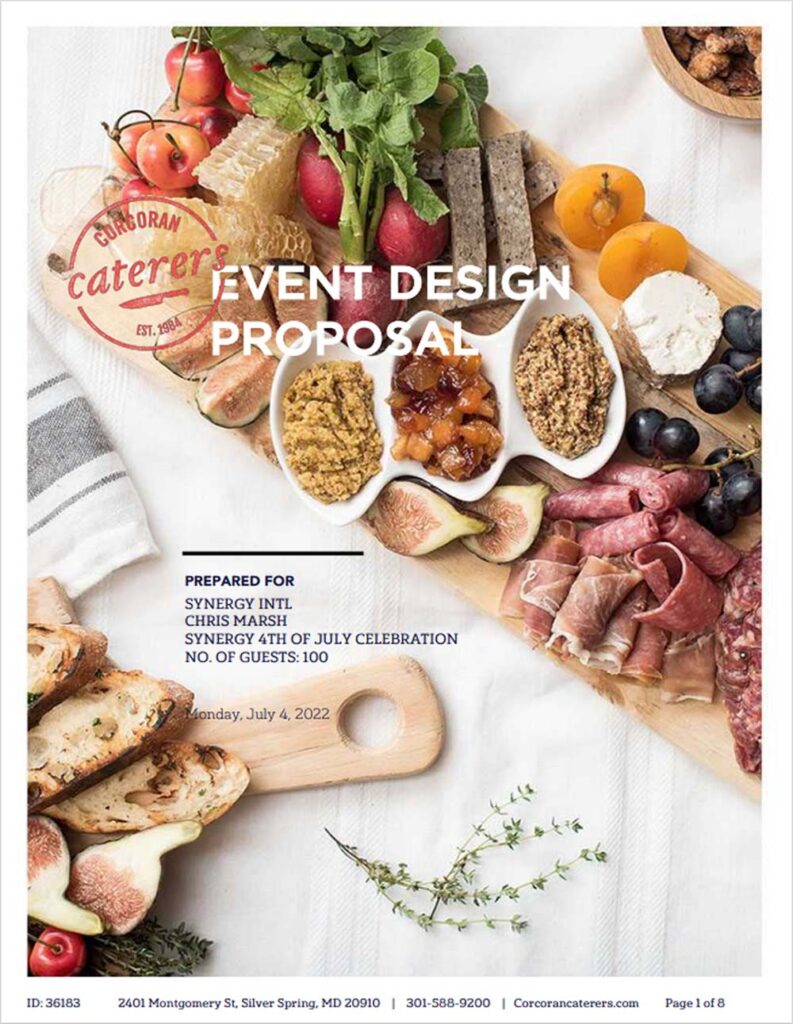 A proposal cover page created by Fusion for Corcoran Caterers.