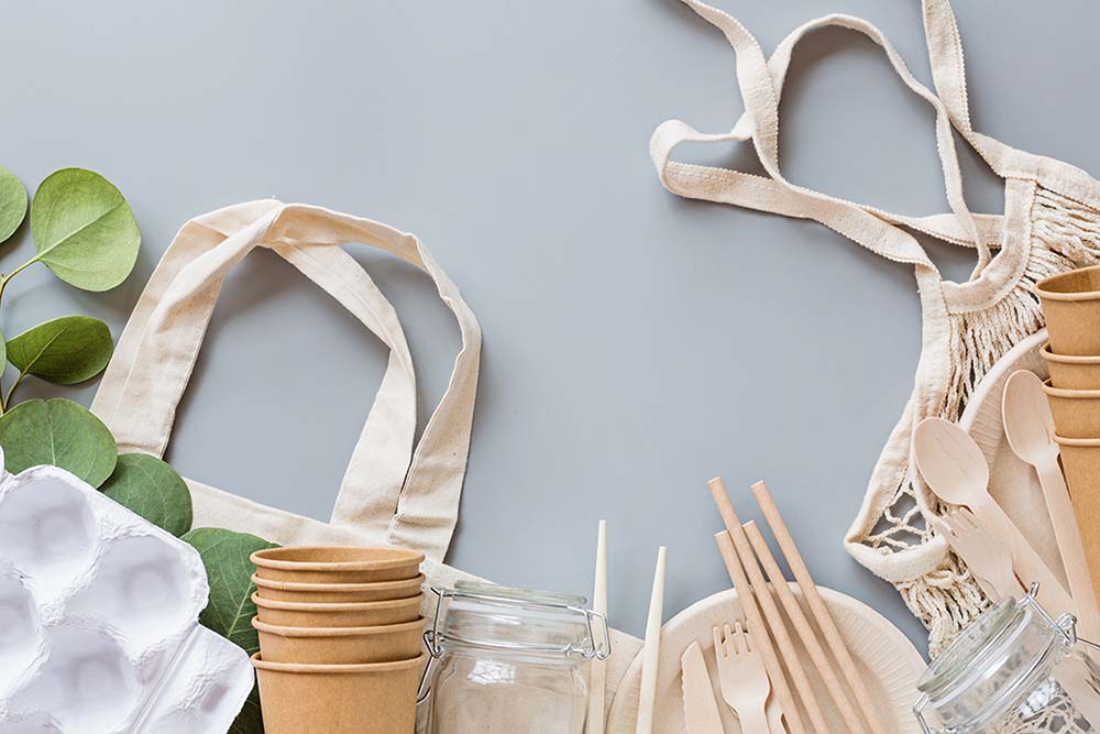 Using cloth satchels and eco-friendly utensils can help communicate your sustainability goals to clients.