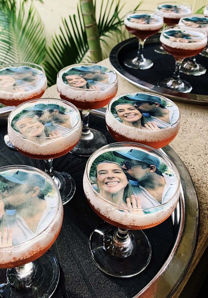 Clients and guests of Bill Hansen Luxe love cocktails served up with edible printed images on top.