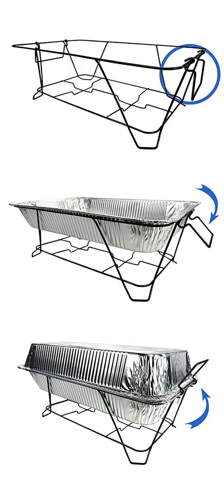 With the Skorr Lid Lock, handles on both sides of the chafer swing up to hold the chafing pans together.