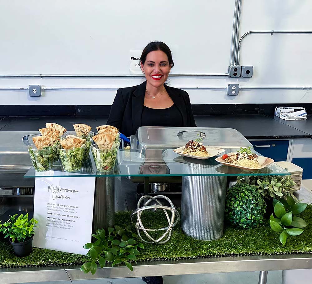 The Mediterranean Chicken Station from Kristina’s Catering features small plates of chicken and demi cups of Fattoush salad.