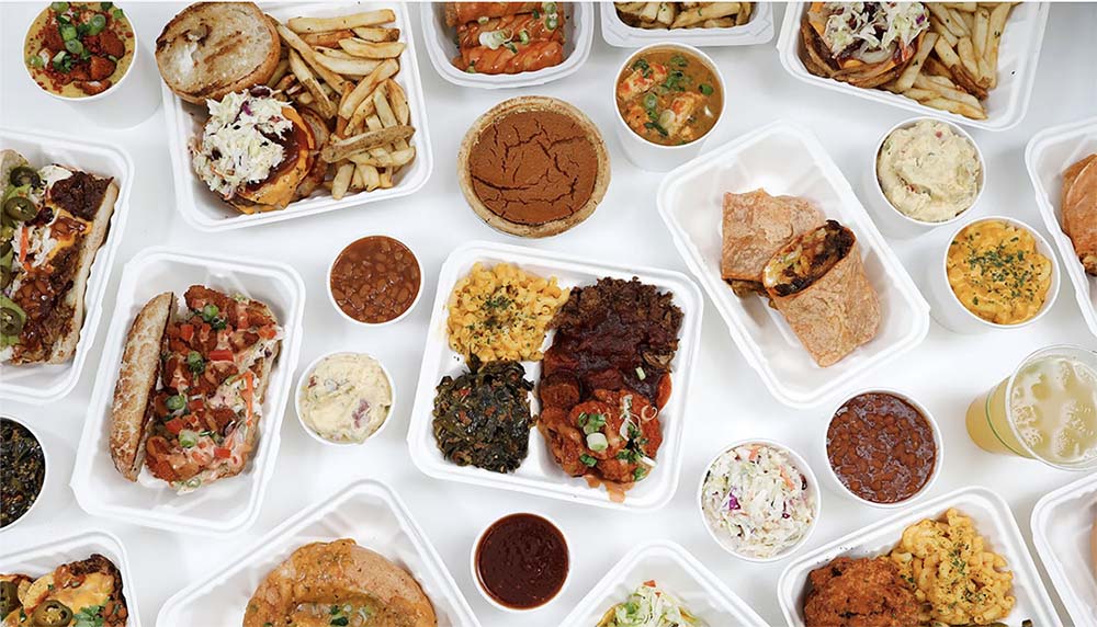 Vegan Mob's plant-based menu includes (clockwise from above) Fully Loaded Mob Fries; specialties such as Barbequito (BBQ burrito), Mob Burger with fries, sweet potato pie, gumbo, Creamy Cajun Potato Salad, Mob Plate with shrimp, shrimp po' boy, Mobba'Q baked beans, Tasha's Slaw and Smackaroni and Cheese; and a family pack featuring Mobba'Q Spaghetti, Tasha's Slaw and cheese fries.