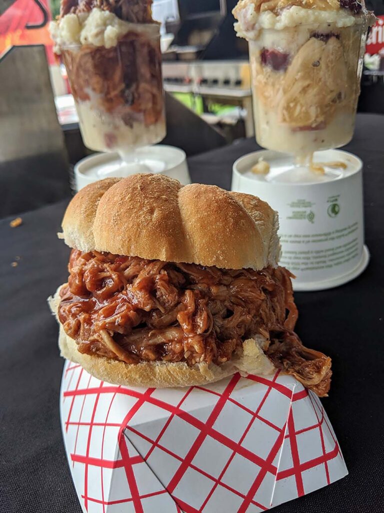 Specialties of PigOut Catering include pulled pork (opposite left). Jim 'N Nick's Bar-B-Q is known for its slow-smoked meats (top), including brisket (opposite top). A top seller for Jim 'N Nick's is its mix for cheese biscuits (above).