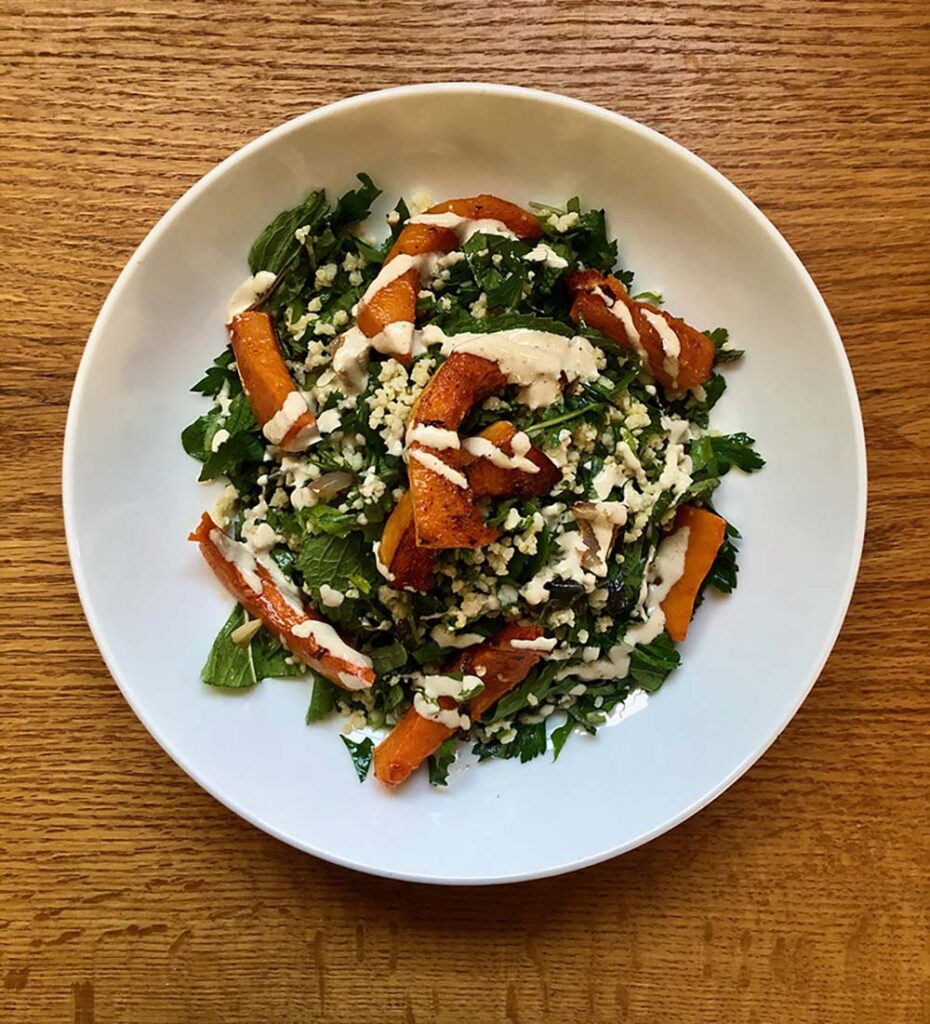 Chef Stephanie Michalak White’s roasted squash and herbed millet salad with tahini dressing