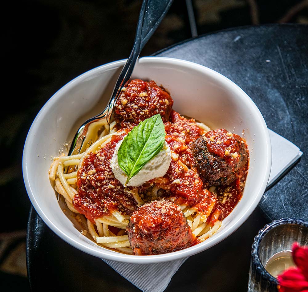 Bucatini & Meatballs at DC Vegan’s Botanical Bar. Photo by Rey Lopez Photo